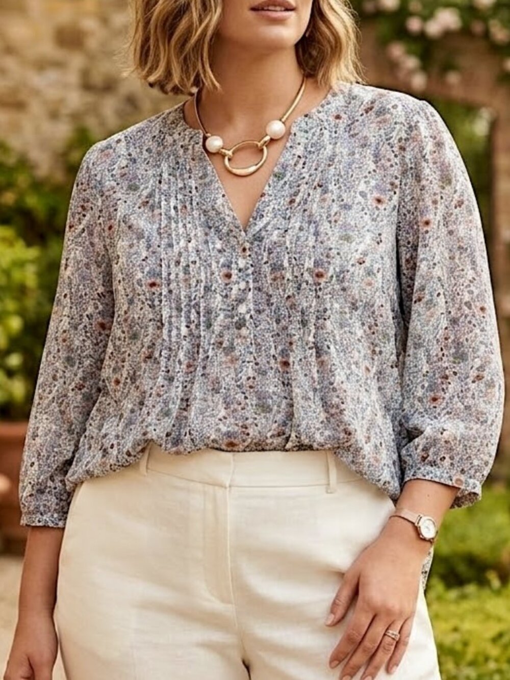 Rose + Olive Women's Floral 3/4 Sleeve Button Pintuck Tunic Blouse Size 1X